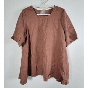 Vintage 90s Blue Fish Blouse Womens Size 0 Brown 100% Linen Short Sleeve Top